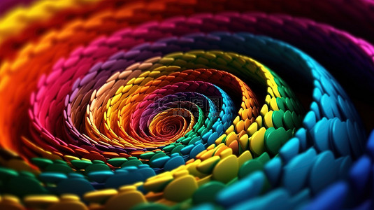 3d 抽象背景与充满活力的彩虹螺旋和虚线曲线