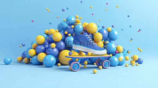 男性火爆背景图片_蓝色溜冰鞋和滑板，周围是蓝色背景 3D 渲染上的彩色球飞溅