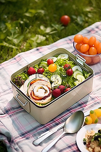 亨氏沙拉酱海报背景图片_午餐盒沙拉和各种蔬菜和水果的野餐
