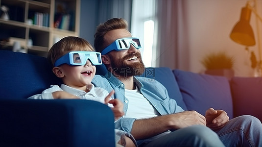 快乐的爸爸和儿子戴着 3D 眼镜和遥控器享受电视