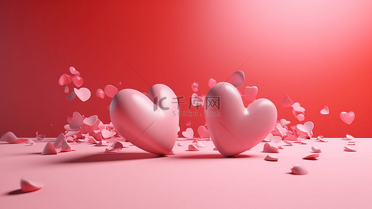 情人节 3d 渲染两颗红心漂浮在粉红色背景上，心脏变化或多或少