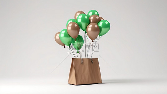 环境保护模板背景图片_3D 渲染可回收棕色纸购物袋，漂浮着绿色氦气球，白色背景上装饰着回收符号