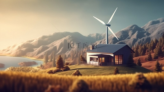 风车大自然背景图片_宁静地坐落在大自然中，一座令人惊叹的房子，坐落在风景优美的绿色之中 3D 渲染插图