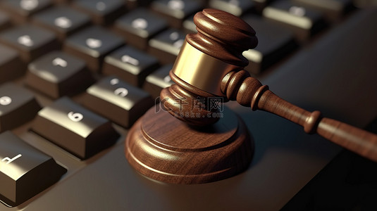 黑客攻击背景图片_3D 渲染中计算机键盘上的网络法木槌和法官的插图