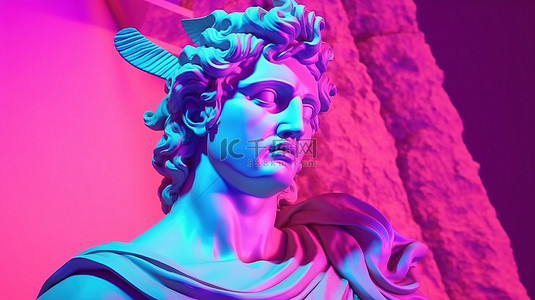 复古浪潮城市流行音乐采用充满活力的蒸汽波色调 3D 渲染抽象希腊神雕塑