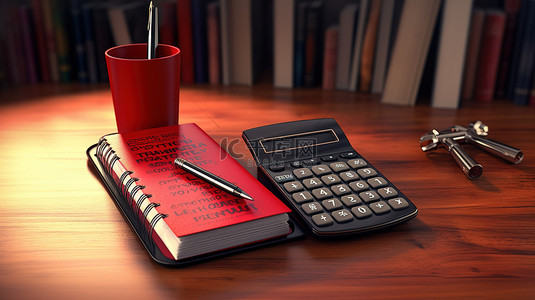 带有红色禁止标志的木桌上计算器笔和个人管理书的 3D 渲染