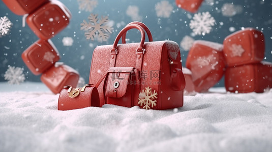 3d 红色袋子图标与雪花设计完美的圣诞节和新年礼物插图 3d 渲染