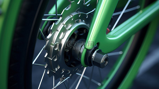关闭绿色自行车后轮的 3D 插图