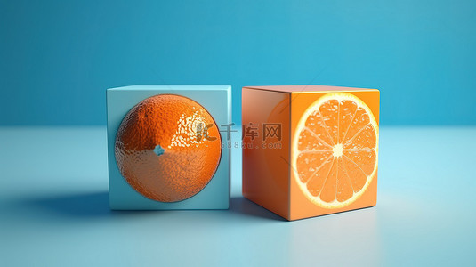 蓝色背景上 3d 渲染的橙色立方体的一半