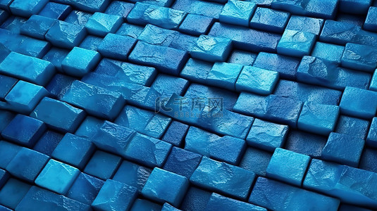 3D 蓝色纹理砖壁纸的渲染插图