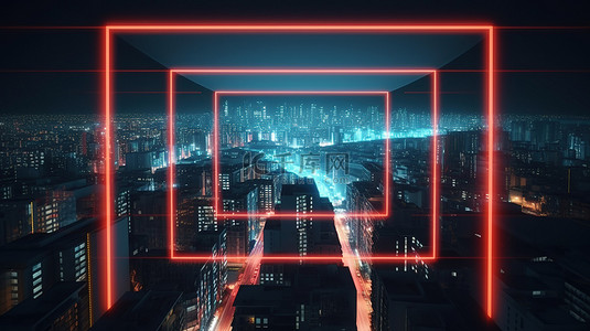 夜景城市科技背景图片_用充满活力的红色和蓝色霓虹灯矩形以 3D 渲染的夜间城市景观