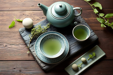 枝条背景图片_木桌上的一些绿茶