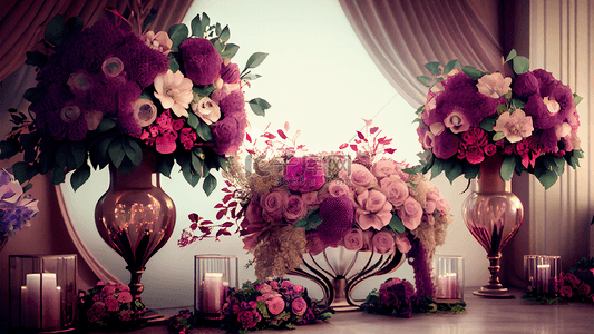 婚礼花卉背景图片_婚礼现场布置粉色紫色背景
