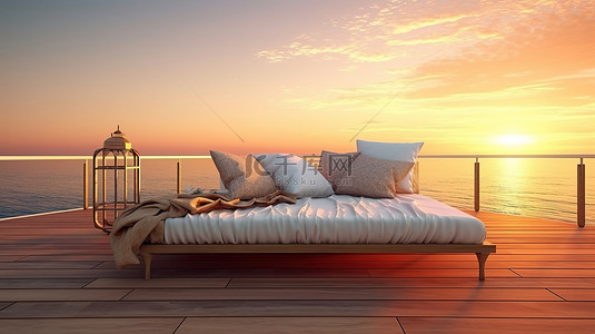海天背景图片_木质露台沙发床的暮光海景 3D 渲染