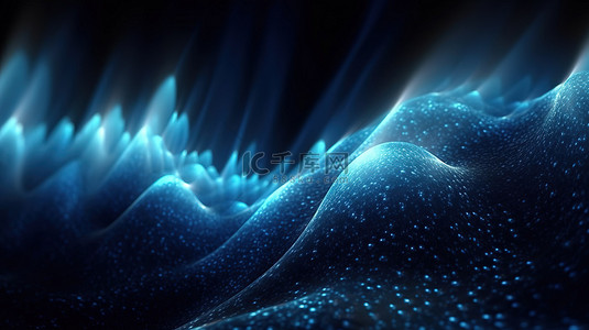 蓝色和黑色的抽象背景与数字粒子波 3D 渲染