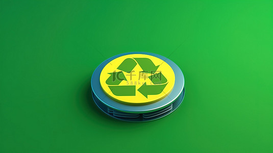 带有黄色背景带有绿色回收标志的圆形蓝色对话框的 3D 渲染插图