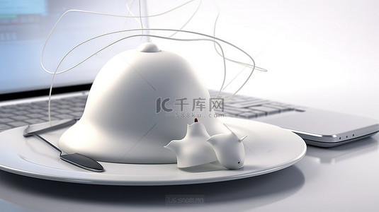 数字雕塑厨师的帽子和铃铛绑在 3D 渲染盘上的电脑鼠标上