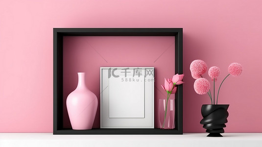 回忆背景图片_将黑色相框倾斜在可爱的粉色架子上，非常适合您最喜欢的回忆3D 插图