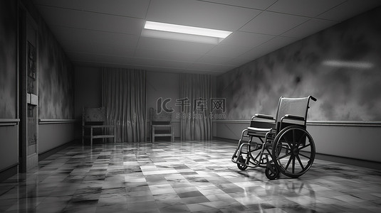 令人毛骨悚然的医院病房，配有轮椅，令人毛骨悚然的 3D 插图