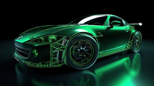 高级赛车调校绿色轿跑车的 3D 渲染，配有特殊零件和车轮延伸件，可实现终极性能