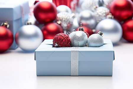 一个礼物盒被红色和银色的球包围