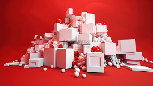白色和红色的节日 3D 礼品盒，带有大胆的红色背景