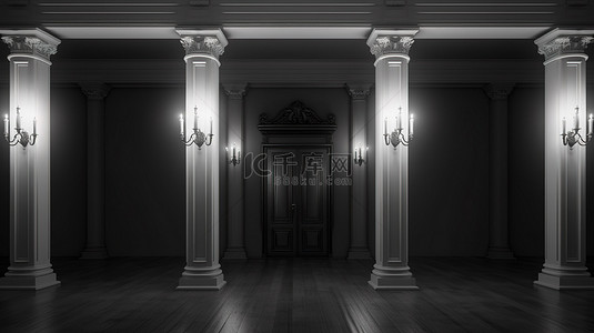 罗马建筑内部背景图片_经典的黑色门和柱子在 3D 渲染的室内建筑中闪闪发光