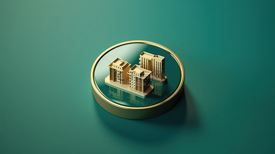 标志性的福尔图纳黄金酒店徽章，以 3D 渲染的潮水绿色背景为背景