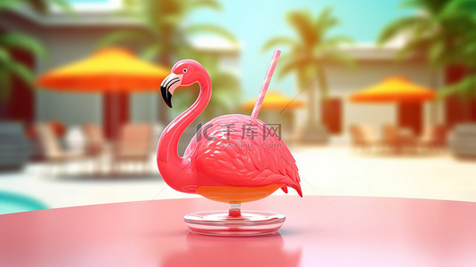 饮品背景图片_3D 充气火烈鸟梦幻假期概念上的清凉饮料