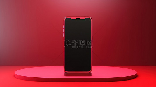 手机场景展示背景图片_红色背景智能手机渲染与讲台展示台令人惊叹的舞台演示移动设备模型在基座上