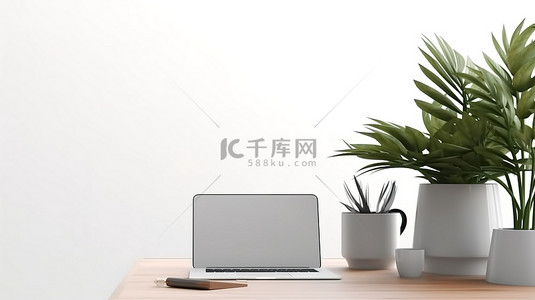 白色表面办公桌的顶视图 3D 渲染，配有笔记本电脑盆栽植物和便笺