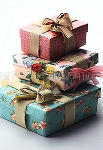 三个彩色礼品盒，配有丝带和鲜花