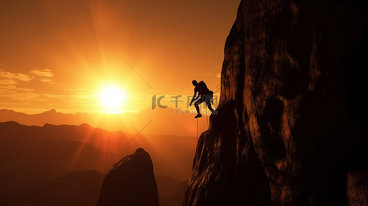 山剪影背景图片_征服日落山景的攀岩者的戏剧性 3d 剪影