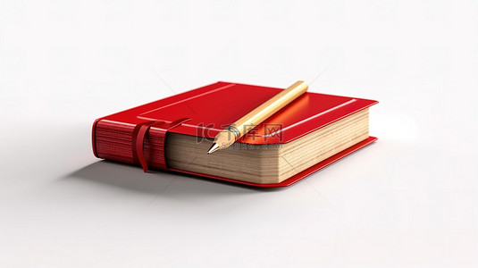 木铅笔和空白白色空间上一本封闭的红书的 3D 孤立插图