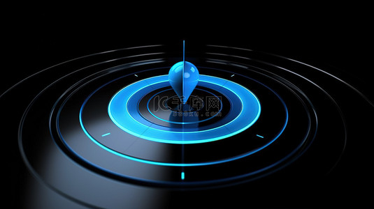 一个单一的蓝色箭头瞄准黑色背景上的靶心风险控制的概念 3D 渲染图像