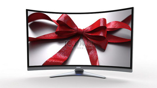 优雅的弧形液晶或等离子电视显示器，在白色背景 3D 渲染上饰有红丝带和蝴蝶结
