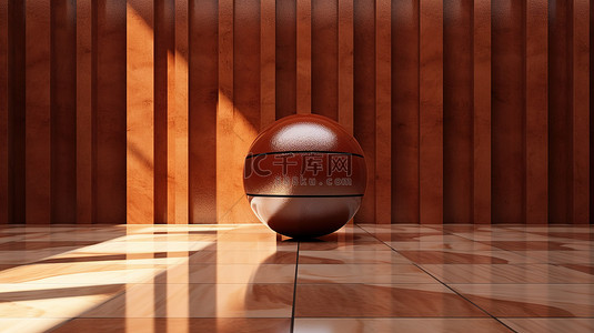 木地板上讲台的 3D 渲染，带有棕色篮球
