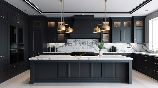 厨房一角背景图片_时尚的现代厨房配有时尚的黑色橱柜和优雅的白色大理石台面和地板 3D 渲染