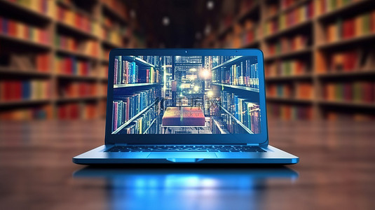 笔记本电脑访问背景模糊的深层在线图书馆的真实 3D 渲染