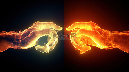 右手紧握左手的强烈 3D 视角，带有发光火焰，可带来令人愉悦的效果