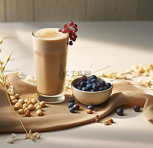 合成杯子背景图片_燕麦奶昔咖啡坚果奶与混合蓝莓和藜麦混合成袋