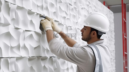 石膏 3D 面板安装正在进行中，工人将瓷砖固定在墙上