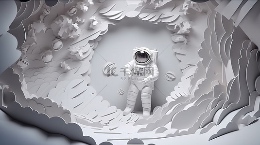 星空背景图片_白洞背景中的 3D 渲染纸工艺宇航员和宇宙飞船