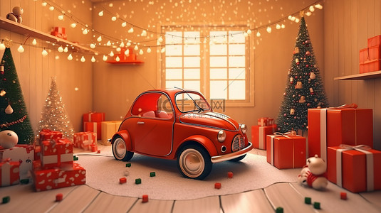 圣诞房间壁炉背景图片_装饰有圣诞装饰的汽车的节日 3D 渲染