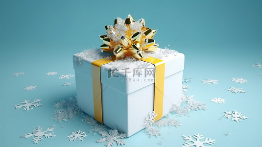 花背景图片_蓝色背景，雪花以白色礼品盒和黄色丝带为特色，3D 渲染