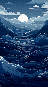 卡通海洋背景图片_夜晚月亮白云波浪海平面卡通广告背景