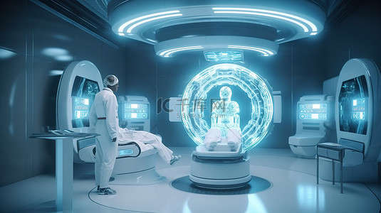 核磁共振设备扁平背景图片_创新医疗技术 3D 渲染医生机器人利用核磁共振扫描机