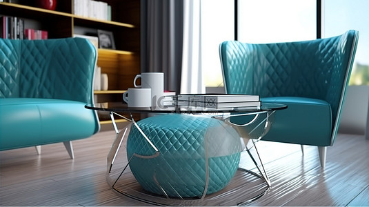 客厅装饰着 3D 渲染的绗缝杂志桌，配有玻璃和装饰物