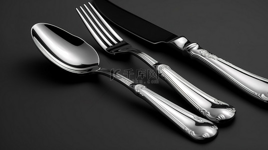 光滑灰色背景上银器三叉勺和刀的 3D 插图