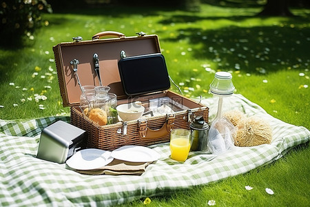 香料背景图片_草地上的野餐篮，上面有食物